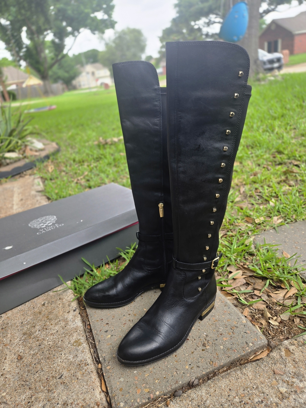 Tall Black Over-the-Knee Boots with Gold Stud Accents VINCE CAMUTO